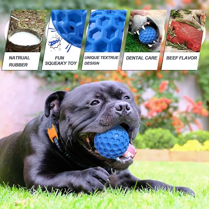 Squeaky Dog Balls, Indestructible Dog Toys for Aggressive Chewers Large/Medium Breed, Natural Rubber Interactive Chew Toys for Teeth Clean, Relieves Anxiety