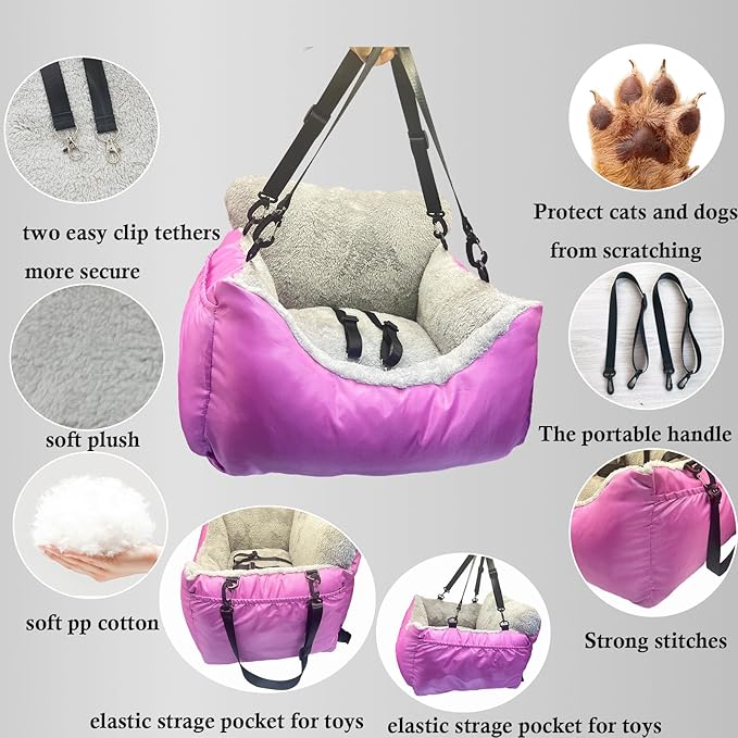 Small Dogs Car Seat Under 25,Fully Detachable and Washable Ultra Soft Carseat Travel, with Clip-on,Portable Handle and Storage Pockets Pet Booster Seats,Portable Dog CarTravel Carrier Bed