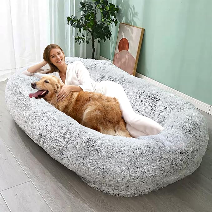 JOLLYVOGUE Human Dog Bed for Adults and Pets, Ultra-Soft Plush Giant Dog Bed with Egg Crate Foam, Non-Slip Base, and Machine Washable Cover - Ideal for Relaxation and Napping, Light Grey