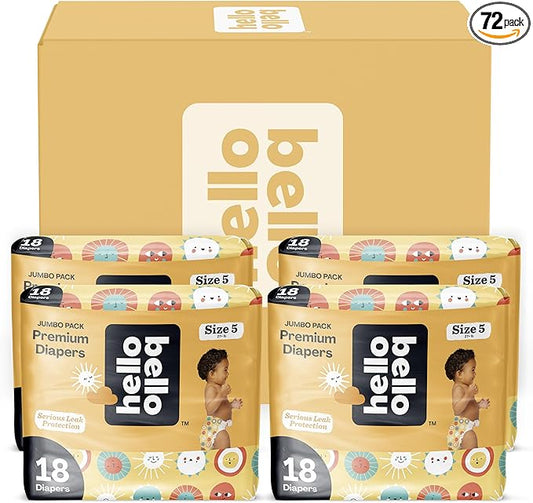 Hello Bello Premium Diapers Size 5, 72 Count Disposable, Extra-Absorbent, and Hypoallergenic Baby Diapers with Snug and Comfort Fit, Sunnyside Up Pattern Value Pack