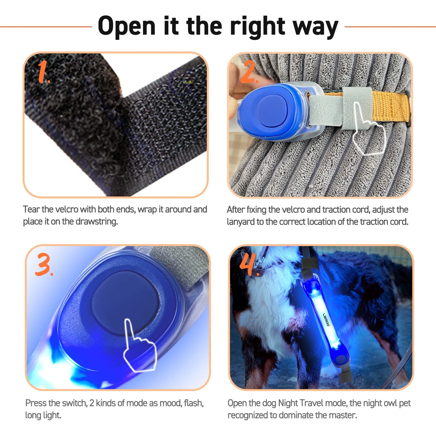 LaRoo Light Up Dog Collar with Nylon Stickers, Universal Glowing Collar Accessories for Leash Harness, Silicone Waterproof Dog LED Flashing Collar Night Outdoor Safety