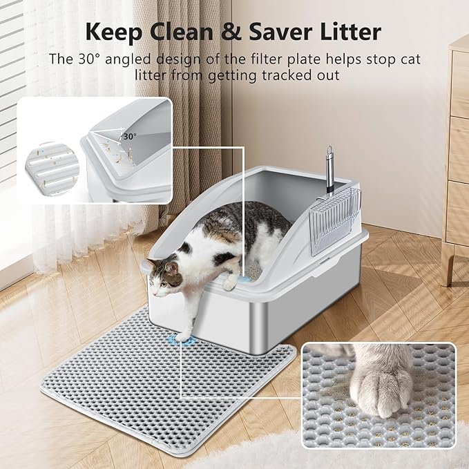 Stainless Steel Litter Box, Extra Large Litter Boxes for Big Cats, XL Metal Cat Litter Box with Lid, Anti-Urine Leakage, Non-Sticky, Include Cat Mat and Litter Scoop