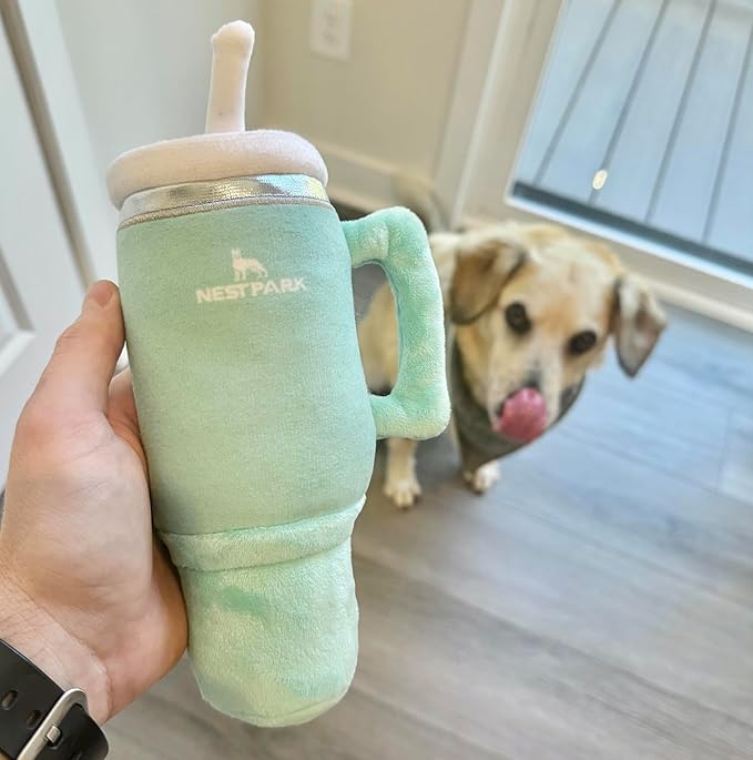 Tumbler Cup Funny Dog Toy - Parody Plush Squeaky Crinkle Dog Toy (Seafoam Green)