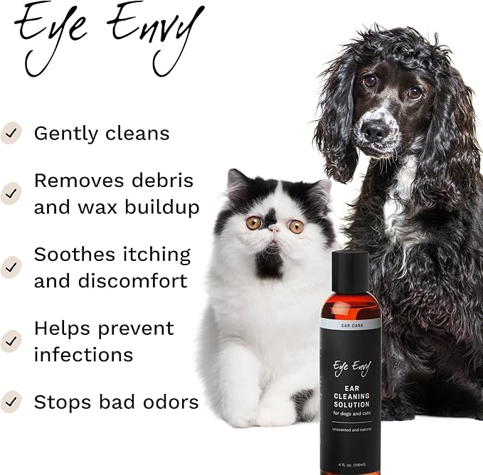 Eye Envy Ear Cleaning Solution for Dogs and Cats. Made in The USA. Safe, All-Natural Dog Ear Cleaner. Prevents Dog Yeast Ear Infections. Removes Dirt, Debris, and Wax buildup. Unscented. 4 fl. oz.
