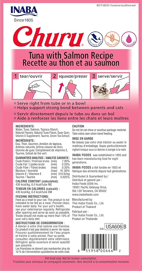 INABA Churu Cat Treats, Grain-Free, Lickable, Squeezable Creamy Purée Cat Treat/Topper with Vitamin E & Taurine, 0.5 Ounces Each Tube, 12 Tubes (4 per Pack), Tuna with Salmon Recipe