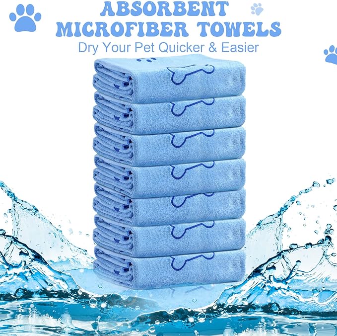 8 Pcs Dog Towels Pet Bath Drying Towels 55 x 28 Inches Large Absorbent Microfiber Quick Fast Drying Soft Beach for Lightweight Cat and Puppy Shower Essentials Cleaning Accessories(Blue)