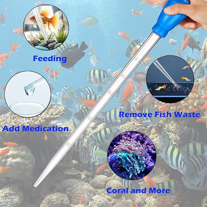 KABASI Coral Feeder Fish Feeder Waste Clean Tool, 50ml Manual Acrylic Pipette Suction Dropper with 2PCS Extension Pipes for Fish Tank Cleaning, Water Changer Waste Remover for Aquarium