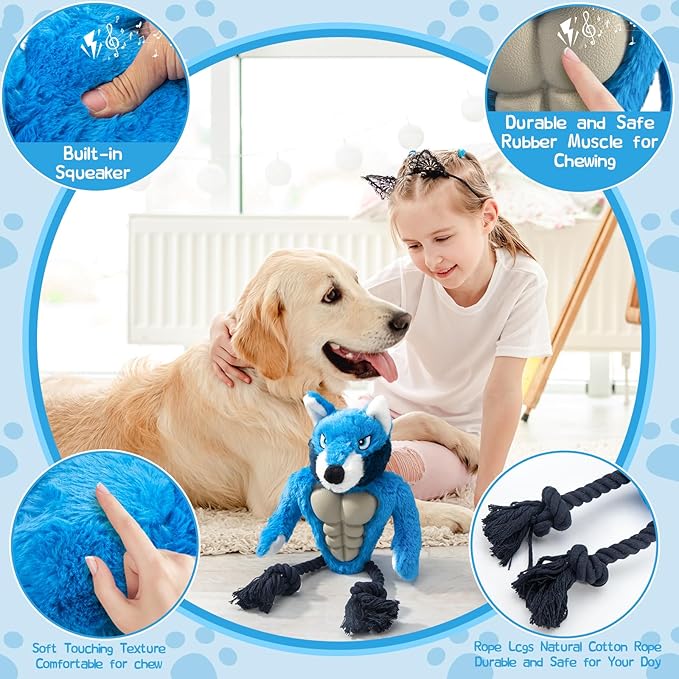 Wolf Rope Tug Toy with Muscle & Squeaker - Durable Plush Chew Toy for Aggressive Chewers, Interactive for Small Medium Large Dogs