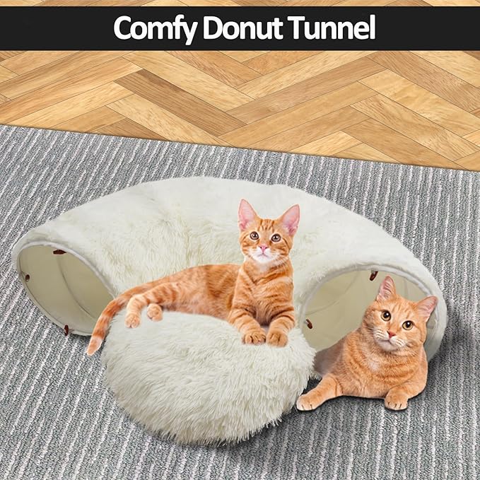 White Fluffy Warm Plush Cat Round Tunnel Tube, Soft Collapsible Multi-Combinations Cat Donuts Bed for Kitty Kitten Puppy Rabbit Ferret