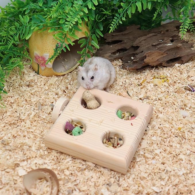 Hamster Cage Accessories, Wooden Feeding Dish with 4 Sections, Wooden Feeder for Small Animals, Food Bowl for Hamster, Guinea Pig, Chinchilla, Rat