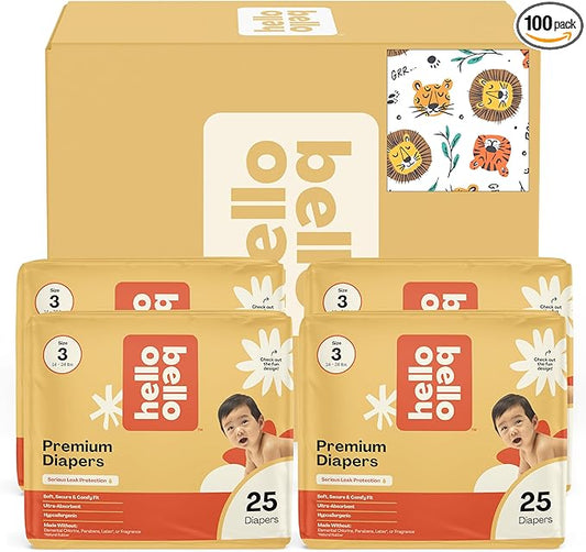Hello Bello Diapers, Size 3 (14-24 lbs) Wild Cats, 100 Count Value Pack of Premium Disposable Baby Diapers, Hypoallergenic with Soft, Cloth-Like Feel