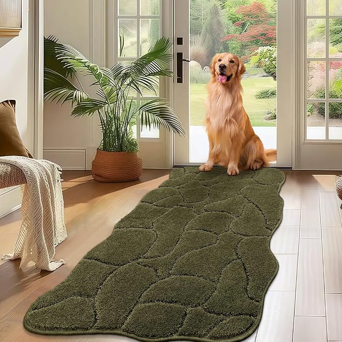 Large Dog Door Mat for Muddy Paws, 22x47 Absorbent Dirt Trapper Long Door Mat, Non-Slip Washable Mud Mat for Dogs, Polyester Microfiber Soft Pet Rug for Entryway, Mud Dog Paws, Patio (Olive Green)