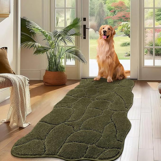 Large Dog Door Mat for Muddy Paws, 22x47 Absorbent Dirt Trapper Long Door Mat, Non-Slip Washable Mud Mat for Dogs, Polyester Microfiber Soft Pet Rug for Entryway, Mud Dog Paws, Patio (Olive Green)