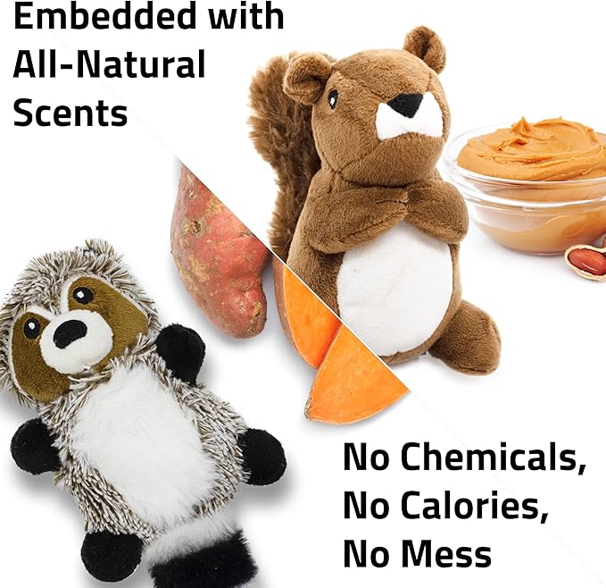 Playology Plush Dog Toy Bundle | Stuffed & Scented Toys for Small Dogs | Peanut Butter Squirrel & Sweet Potato Raccoon Value 2-Pack