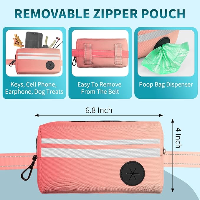 Hands Free Dog Leash with Removable Zipper Pouch, Dual Padded Handles and Durable Bungee for Walking, Jogging and Running-Orange