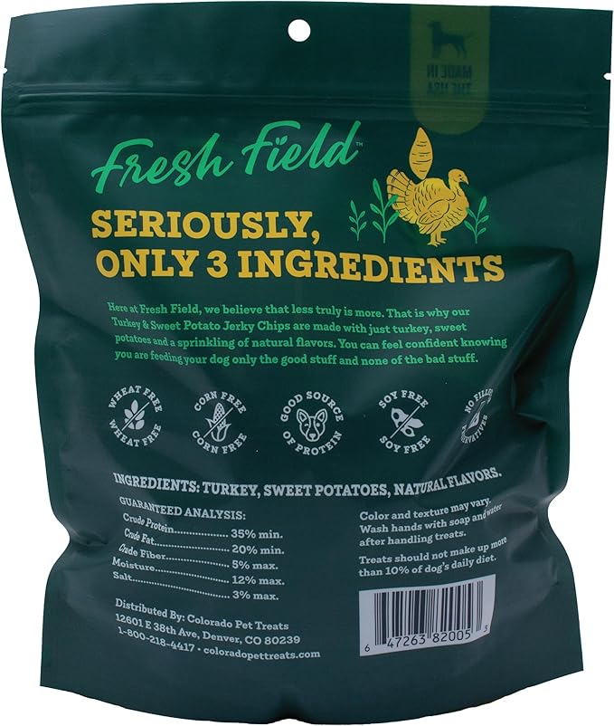 Fresh Field Turkey & Sweet Potato Jerky Chips, 14 oz – All-Natural Dog Treats, USA Made, Ideal for Allergies & Weight