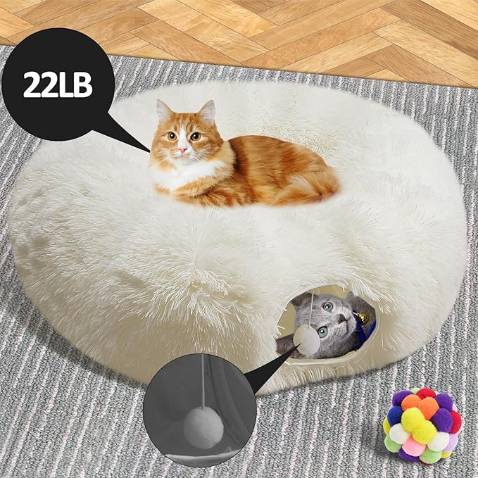 White Fluffy Warm Plush Cat Round Tunnel Tube, Soft Collapsible Multi-Combinations Cat Donuts Bed for Kitty Kitten Puppy Rabbit Ferret