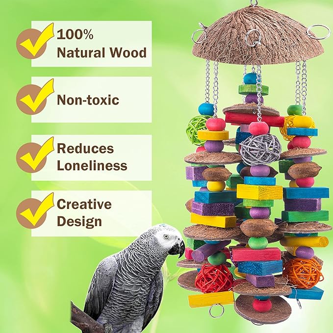 EBaokuup Large Bird Parrot Toys - Colorful Wooden Blocks Bird Chewing Toy for Macaws, Cockatoos, African Grey and Large Medium Parrot Birds