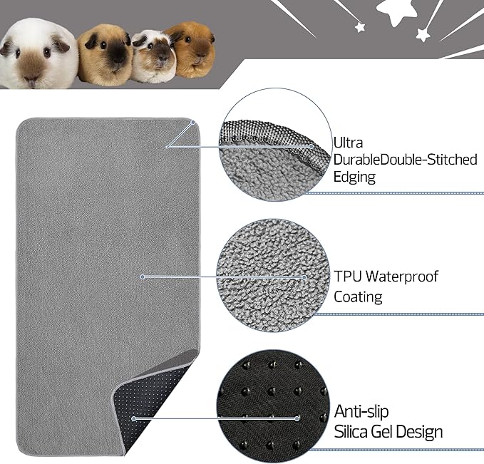 Guinea Pig Cage Liner, 1 Pack - Washable, Reusable, Leakproof Fleece Bedding Pads for Small Animals with Anti-Slip Bottom - for C&C 2X4 Area, Gray