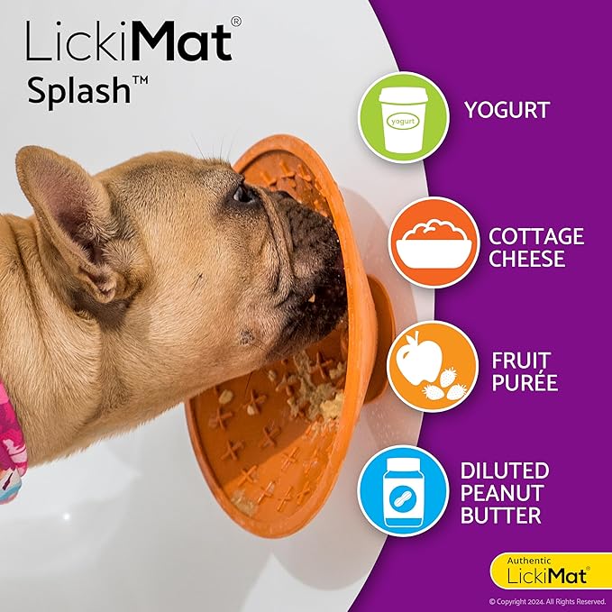 LICKIMAT Splash, Dog Slow Feeder Bowl Lick Mat, Boredom Anxiety Reducer, Sticks to Smooth Surface; Perfect for Food, Treats, Yogurt, or Peanut Butter. Fun Alternative to a Slow Feed Dog Bowl, Orange
