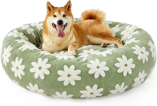 LE SURE Donut Large Dog Bed - Round Cat Beds for Indoor Anti-Anxiety Calming Pet Beds, Washable Cute Modern Beds with Teddy Sherpa Plush & Anti Slip Bottom, 36 Inch, Green