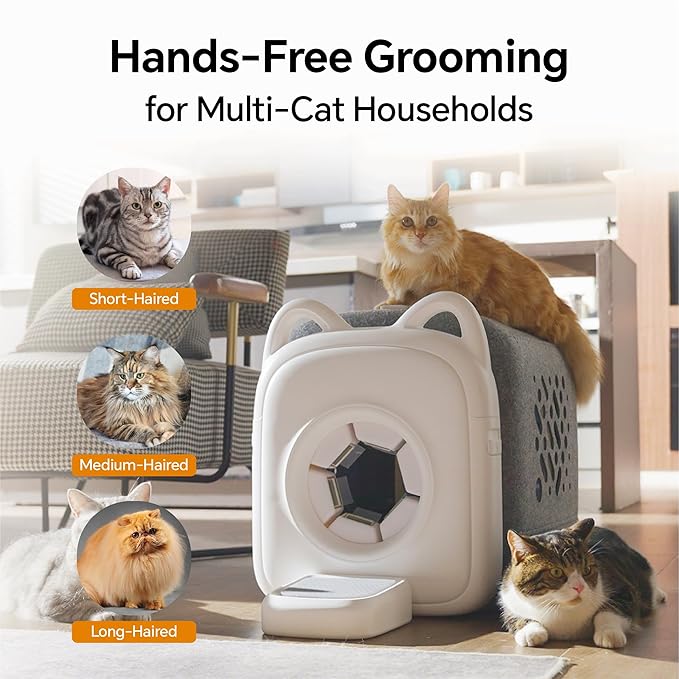 AutoComb Automatic Cat Self Groomer, 360° Surround Skin Friendly Grooming Tool For Cats, Self Cat Brushes with biomimetic cat tongue brush for Long or Short Haired & Smart feeder, White