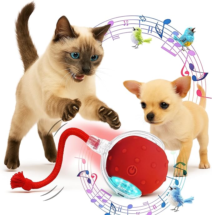 2025 New Interactive Pet Toy Ball for Indoor Cats & Small Dogs – Motion-Activated Automatic Rolling Ball with Chirping Sounds, Elastic Tail, Smart Rechargeable Toy to Keep Pets Active.