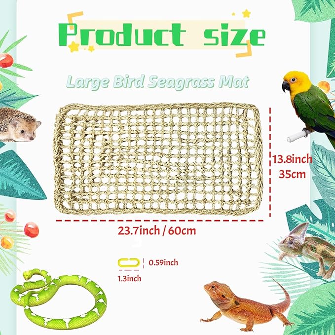 Large Bird Seagrass Mat 24 × 14 ''Natural Seagrass Woven Bird Net Hammock Climbing Rope Ladder with Hooks Chew Toy for Parrot Guinea Pig Lovebird Cockatiel Pigeon