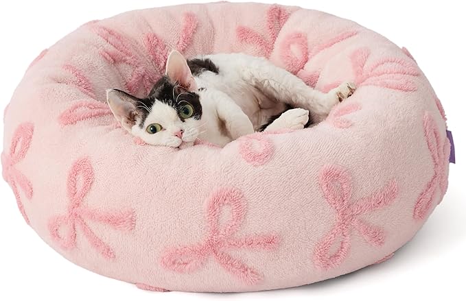LE SURE Donut Cat Beds for Indoor Cats - Round Small Dog Bed Calming Pet Beds, Cute Modern Beds with Jacquard Shaggy Plush & Anti Slip Bottom, 20 Inch, Pink Taffy