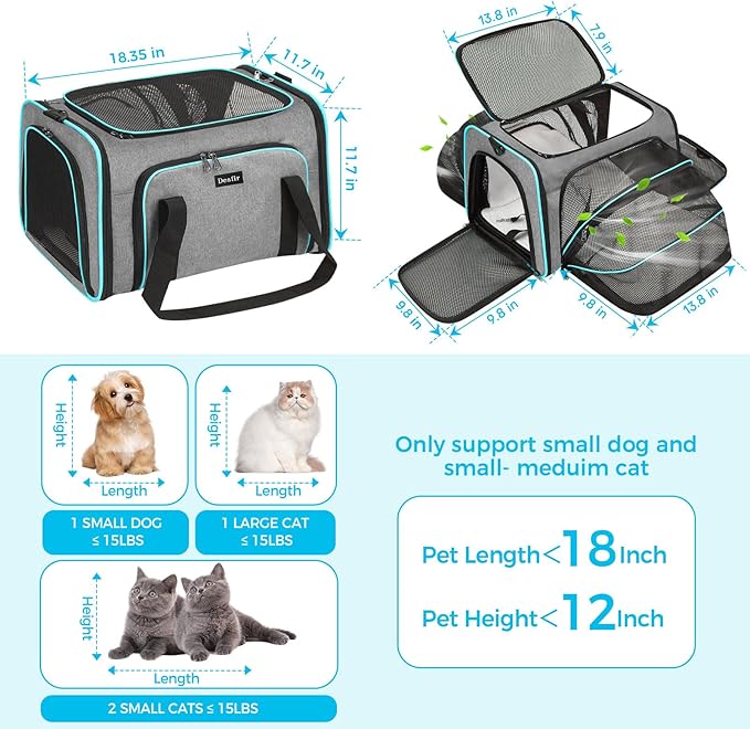 Cat Dog Carrier Bag - Expandable Soft-Sided Travel Pet Carrier with Ventilated Mesh, Fleece Pad, 18x11x11 Inch for Kitten, Rabbit, Puppy,Guinea Pig, Small Animal, Airline Approved