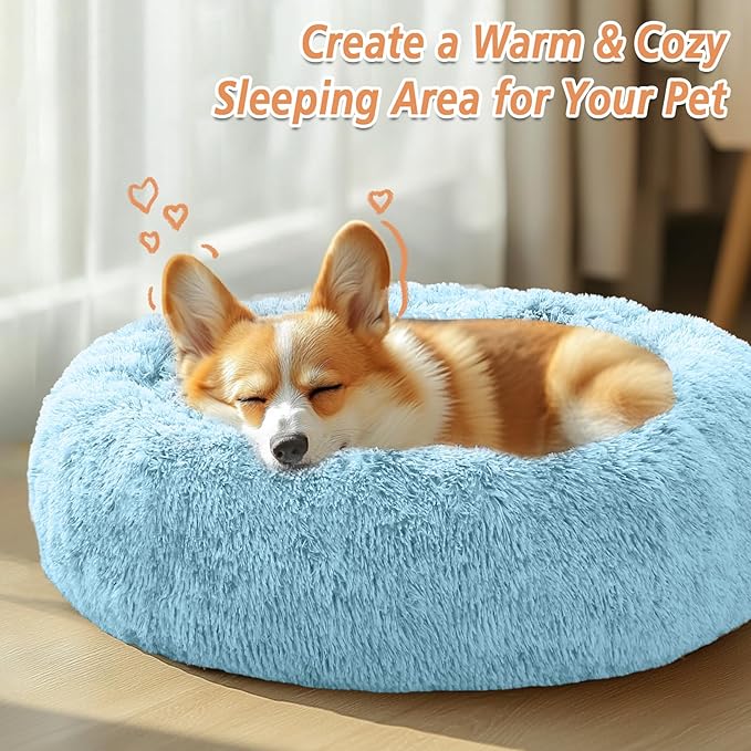 JOLLYVOGUE Calming Dog & Cat Bed for Small Dogs, Anti-Anxiety Donut Cuddler Cozy Soft Round Bed with Anti-Slip Bottom, Fluffy Faux Fur Plush Cushion Beds for Small Medium Pets (23")