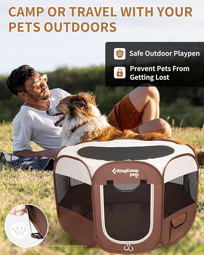 KingCamp Dog Playpen, Portable Foldable Cat Kitten Puppy Tent Crates 29"/36"/50" Pop Up Pet Playpen with Zippered Bottom & Cover for Indoor Outdoor Use (Small, Khaki)