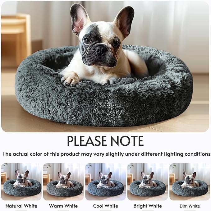 JOLLYVOGUE Calming Dog & Cat Bed for Large Dogs, Anti-Anxiety Donut Cuddler Cozy Soft Round Bed with Anti-Slip Bottom, Fluffy Faux Fur Plush Cushion Beds for Medium Dogs (36")