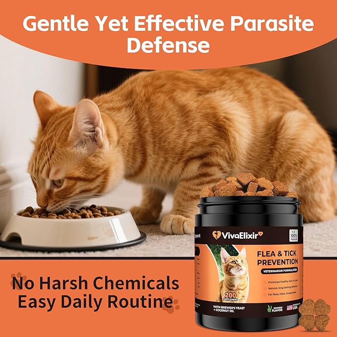 Flea & Tick Treatment for Cats – Natural Flea, Tick & Mosquito Prevention with Brewer’s Yeast, Coconut Oil – Skin & Coat Health, Immune Support – Vet Formulated 200 Chews