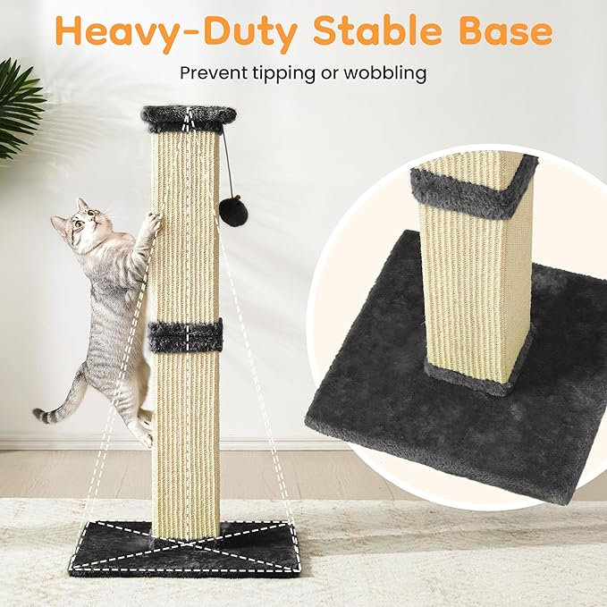 Indoor Cat Scratching Post: 32 in Tall Cat Scratcher with Natural Sisal Rope, Kitty Pet Tower with Sturdy Wood Base and Hanging Ball Toy, Great Gift for Small and Large Kittens, Grey
