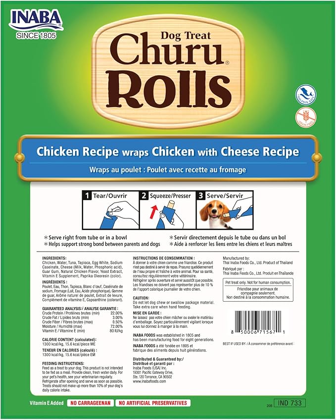 INABA Churu Rolls for Dogs, Soft & Chewy Baked Chicken Wrapped Filled Dog Treats, 0.42 Ounces Each Tube, 64 Tubes Total, Chicken with Cheese Recipe