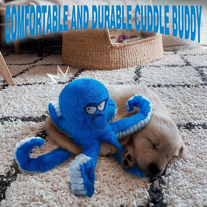 LEGEND SANDY Tough Dog Toys, Stuffed Chew Large Dog Toys to Keep Them Busy, Interactive Squeaky Tug of War Doggie Toy, Crinkle Blue Octopus (Blue Octopus 2p)