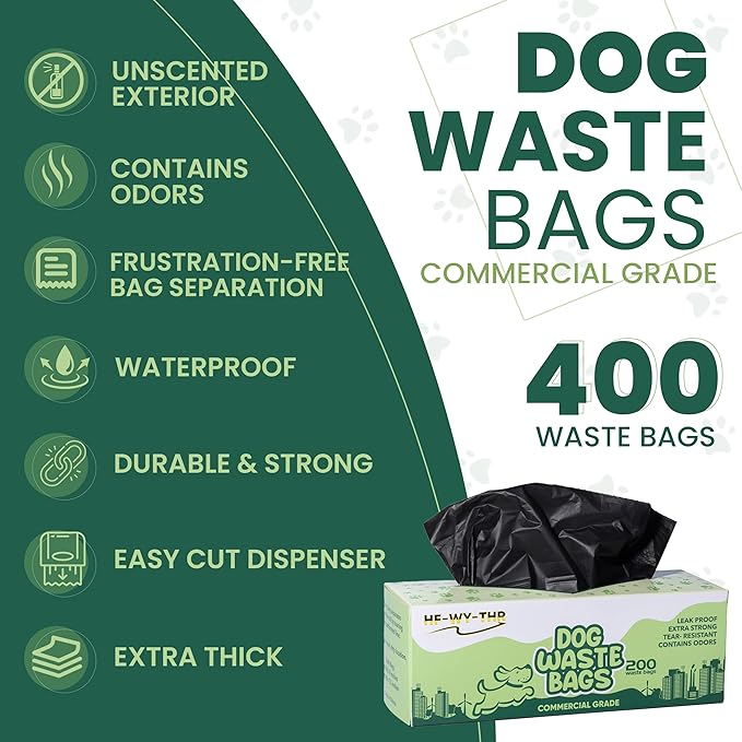 Dog Waste Bags, 400 Count, 15 Pounds, Opaque Black Color, Holds Odors Inside