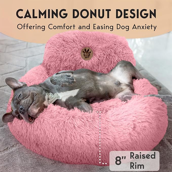 PetJett Calming Dog Bed for Small Dogs – 23" Donut Dog Beds, Anti-Slip & Washable Fluffy Plush Faux Fur Pet Bed, Anti-Anxiety Premium Comfort Round Puppy Bed, Fits Dogs up to 25 lbs – Pink