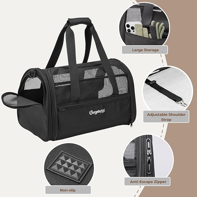 BurgeonNest Soft-Sided Dog Carrier Airplane Approved for Small Dogs Side-Expandable Pet Cat Carrier，Lightweight Puppy Purse 0-15 lbs, 17.7x11x11 Inchs Up to 16lbs, Black