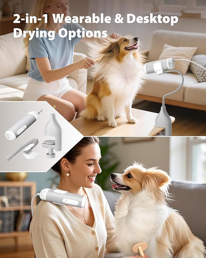 L&W BROS. 2-in-1 Pet Hair Dryer with Clamp Stand – Wearable & Hands-Free Dog Grooming Dryer, 950W Low Noise Blower with 5 Heat & 3 Speed Settings, for Small to Medium Pets (gray)