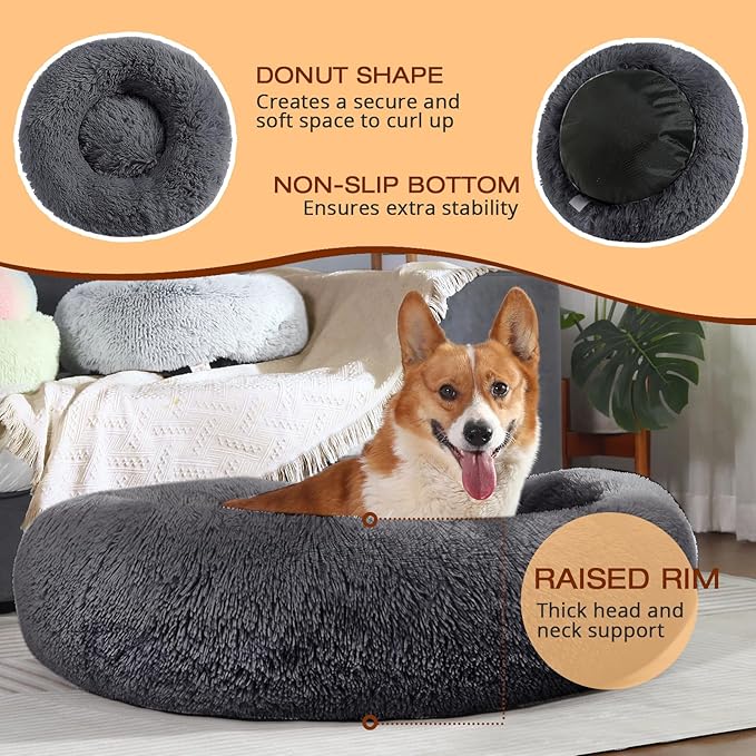 JOLLYVOGUE Dog & Cat Bed, Calming Anti-Anxiety Pet Bed for Small Dogs, Fluffy Donut Cushion for Small and Medium Pets (20")