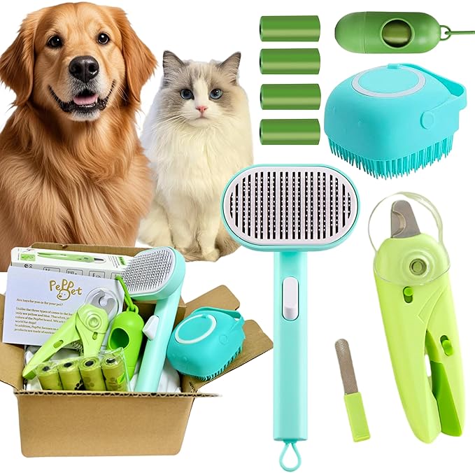 Dog cleaning and grooming 8-piece set, nail files with LED Light and Nail file, dog comb, cleaning brush, Bags Dispenser and trash waste bag, dog poop bags dispenser, grooming supply package