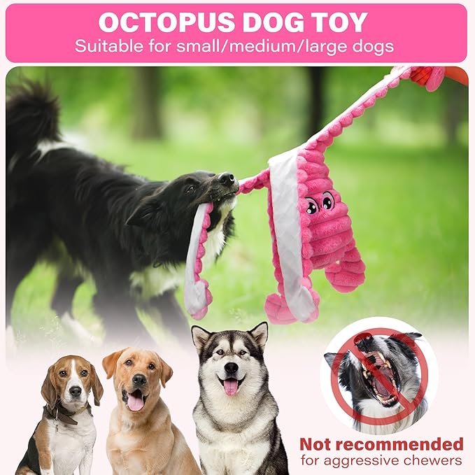 Prime Pets Dog Toys for Large Dogs, 27” Extra Large Plush Octopus Dog Toy, Squeaky Dog Toys, Tug of War Pet Toy for Small Medium Large Dogs, Rose Red
