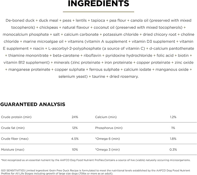 Go! Solutions Sensitivities Limited Ingredients, Grain-Free Dry Dog Food, Duck Recipe for Sensitive Stomach, 12 lb Bag