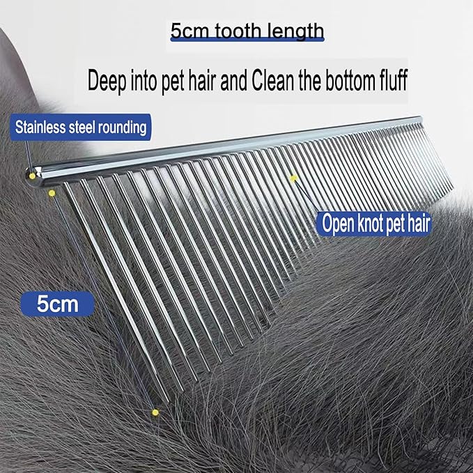 YOFANG Dog & Cat Comb – Pet Detangling Comb for Removes Tangles, Knots, and Matted Fur – Grooming Tool With Stainless Steel Teeth and Rubber Bath Brush for Long Short and Curly Haired Pet