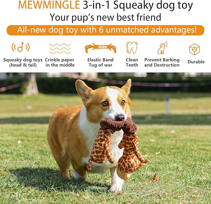 3-in-1 Squeaky Dog Toy for Chewer (Squeaker, Crinkle Paper & Elastic Band), Durable Interactive Puppy Plush Stuffed Chew Toy for Boredom, Tug of-War, for Small Medium Large Breed (Giraffe)