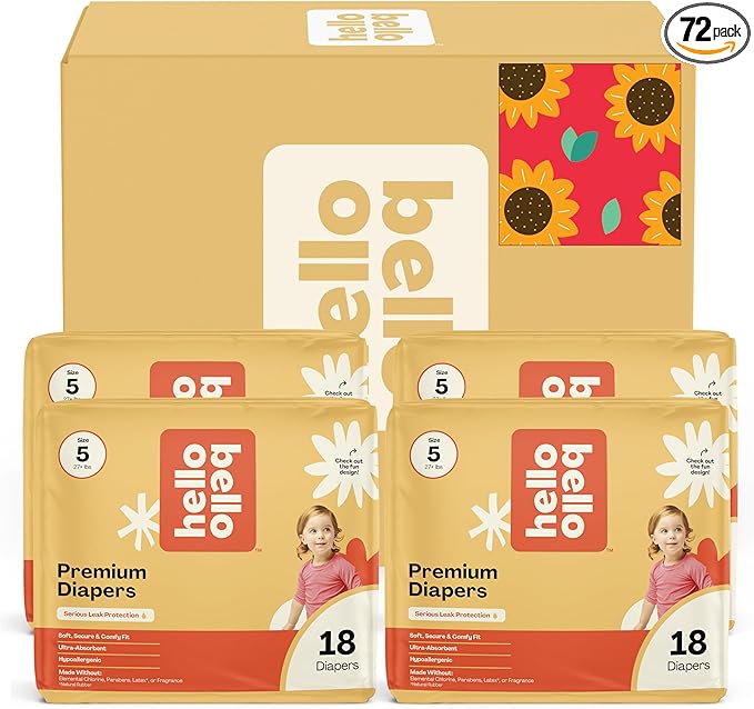 Hello Bello Diapers, Size 5 (27 lbs) Flower Child, 72 Count Value Pack of Premium Disposable Baby Diapers, Hypoallergenic with Soft, Cloth-Like Feel