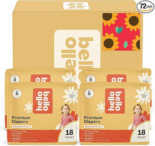 Hello Bello Diapers, Size 5 (27 lbs) Flower Child, 72 Count Value Pack of Premium Disposable Baby Diapers, Hypoallergenic with Soft, Cloth-Like Feel