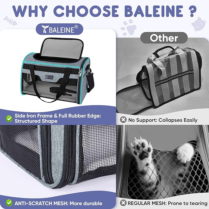 BALEINE Cat Carrier, Puppy Dog Carrier for Small Medium Pets Up to 22 Lbs, Soft-Sided Dog Travel Bag with Safety Zippers, Collapsible Pet Carrying Case (Gray, XL, 19"x12"x12")